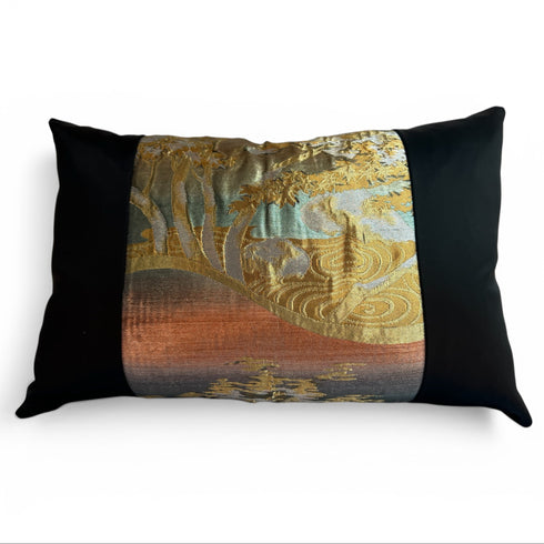 Vintage Japanese Obi Silk Lumbar Pillow – Zen Garden Motif