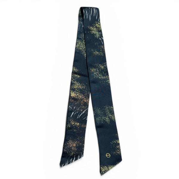 Green Grass Print Silk Skinny Scarf