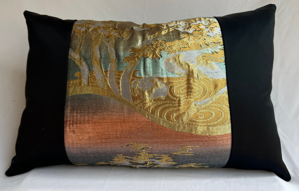 Vintage Japanese Obi Silk Lumbar Pillow – Zen Garden Motif