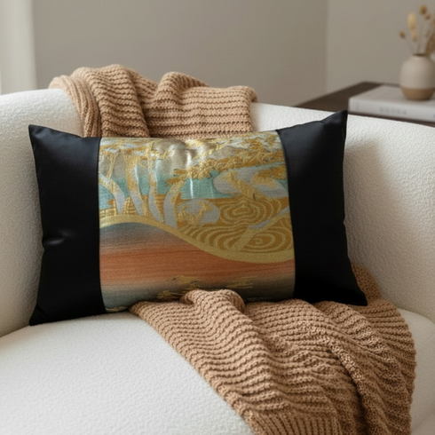 Vintage Japanese Obi Silk Lumbar Pillow – Zen Garden Motif