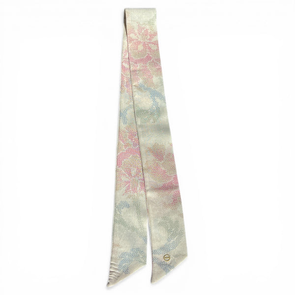 Ivory Floral Linen-Silk Skinny Scarf