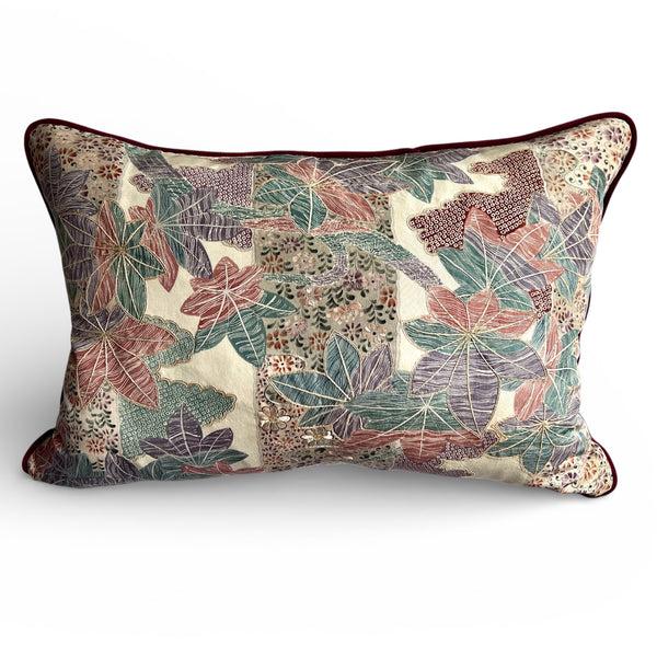 Vintage Japanese Kimono Lumbar Pillow – Leaf and Flower Motif