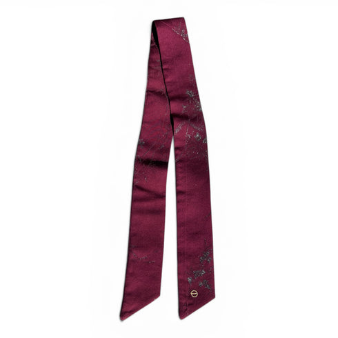 Burgundy Silk Skinny Scarf with Metallic Pewter Floral Design
