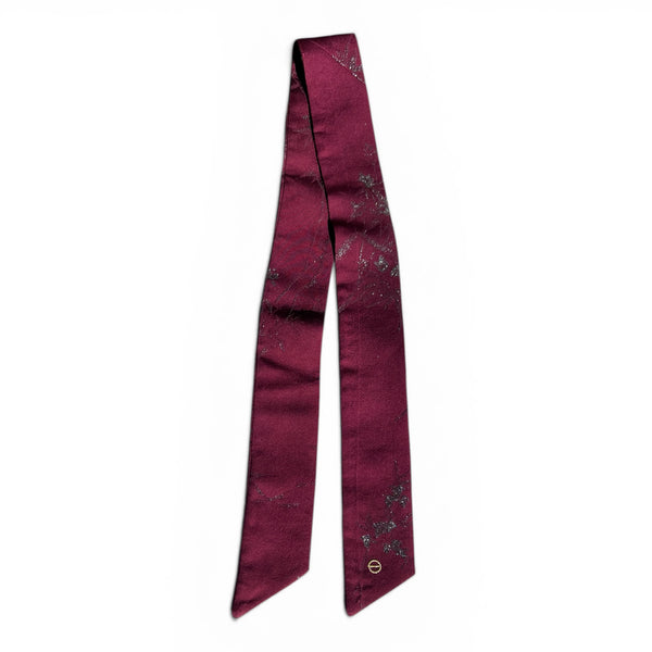 Burgundy Silk Skinny Scarf with Metallic Pewter Floral Design