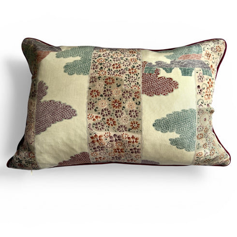 Vintage Japanese Kimono Lumbar Pillow – Leaf and Flower Motif