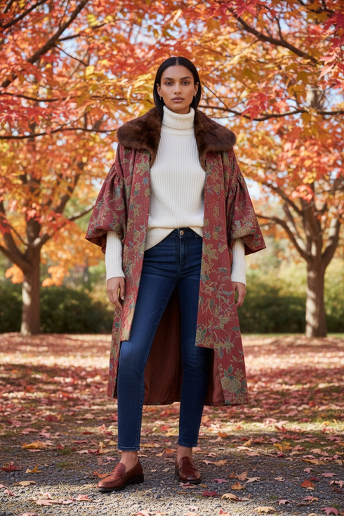 Red Parrot Mink Collar Kimono