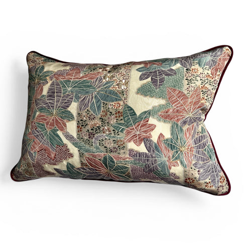 Vintage Japanese Kimono Lumbar Pillow – Leaf and Flower Motif