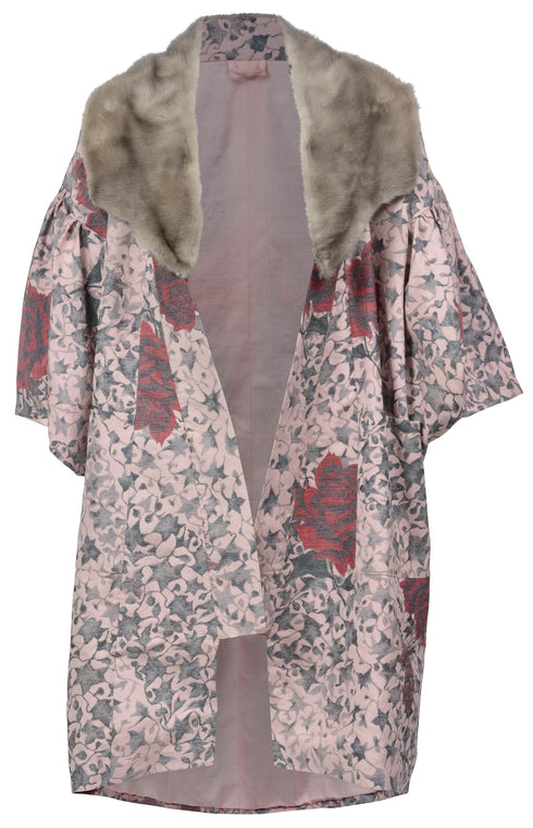 Rose Patterned Mink Collar Kimono