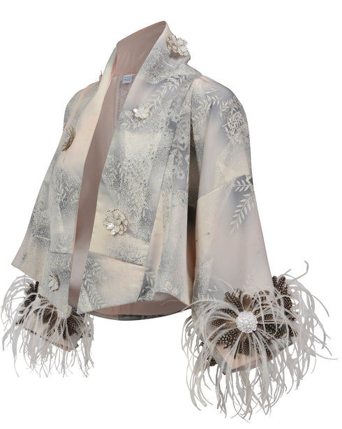Cropped Grey Kimono with Ostrich Feather Trim