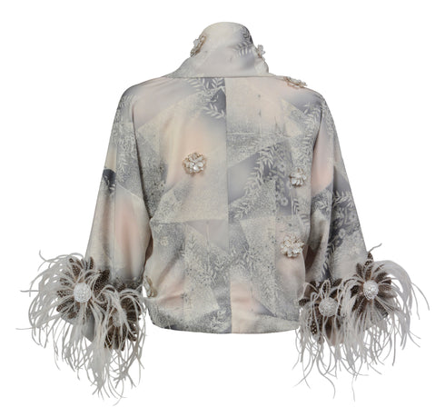 Cropped Grey Kimono with Ostrich Feather Trim