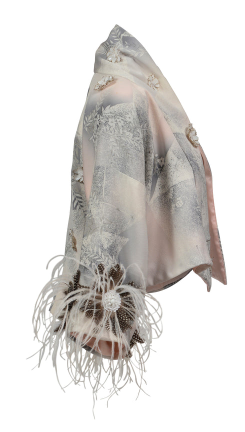 Cropped Grey Kimono with Ostrich Feather Trim