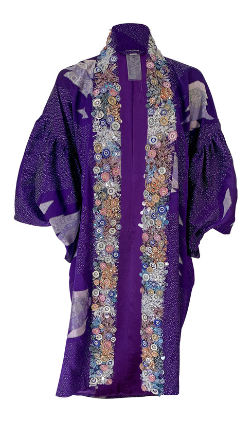 Purple and silver silk embroidered collar kimono with ruffled sleeves