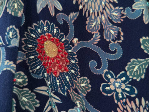 Blue silk floral printed and embroidered kimono detail