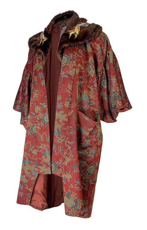 Red Parrot Mink Collar Kimono
