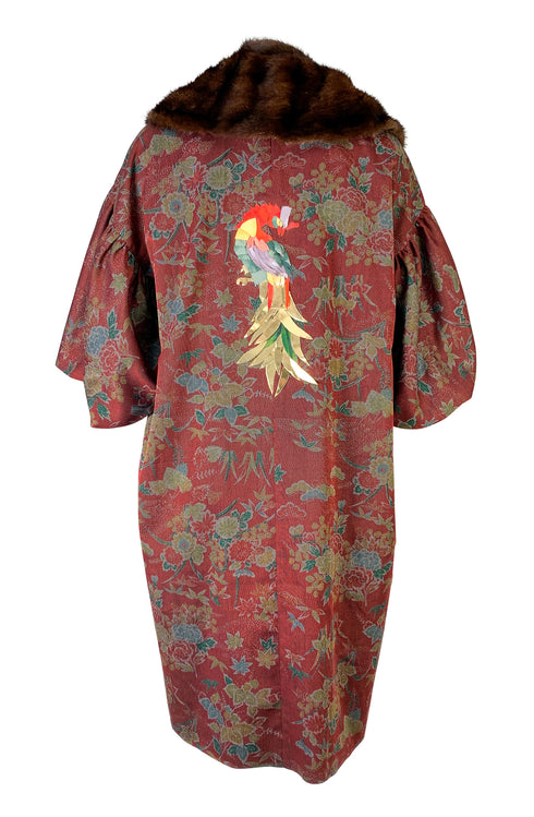 Red Parrot Mink Collar Kimono