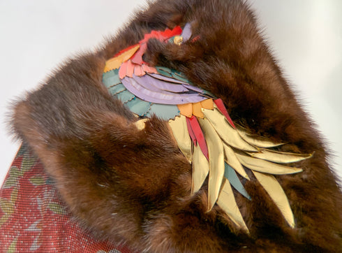 Red Parrot Mink Collar Kimono