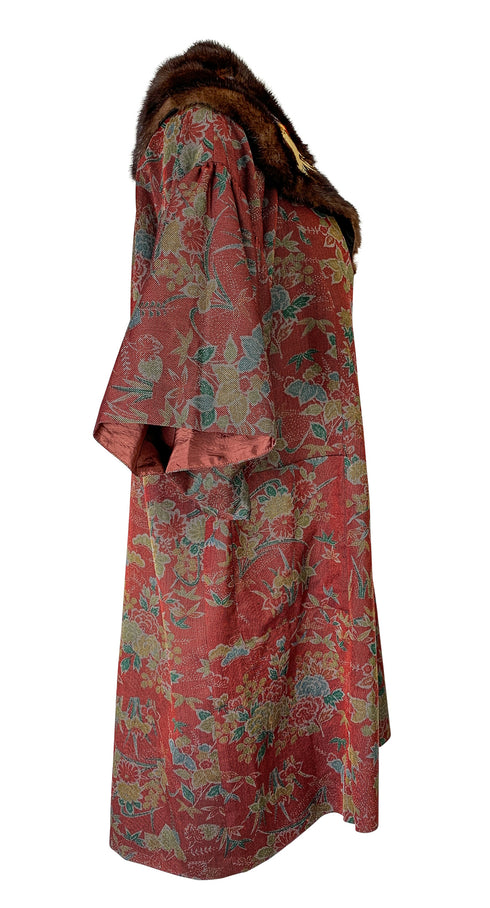 Red Parrot Mink Collar Kimono
