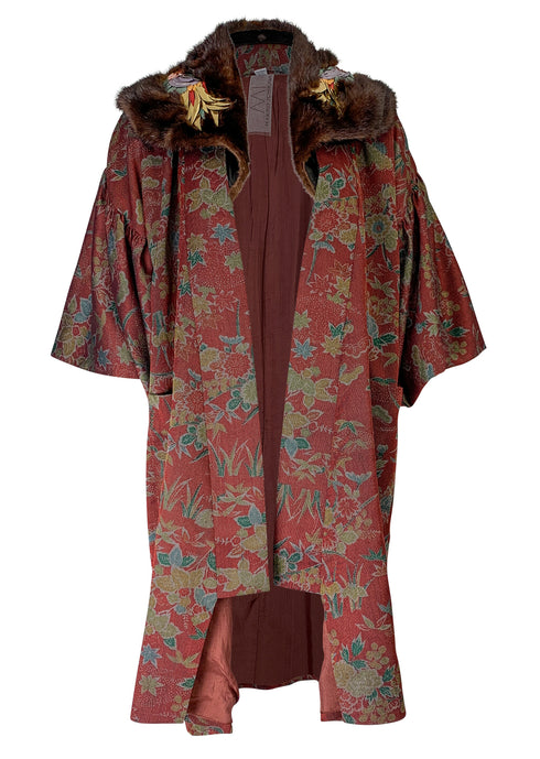 Red Parrot Mink Collar Kimono