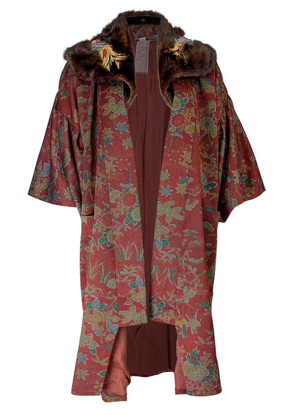 Red Parrot Mink Collar Kimono