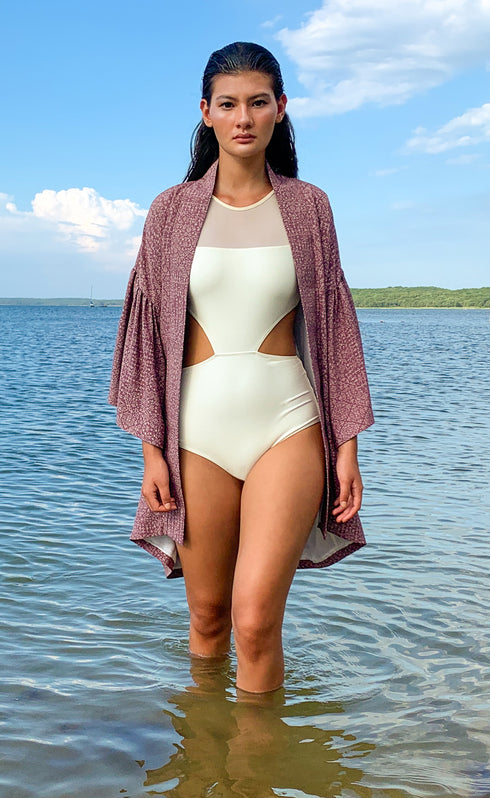 Purple Printed Flutter Sleeve Kimono