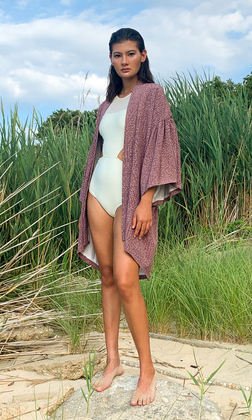 Purple Printed Flutter Sleeve Kimono